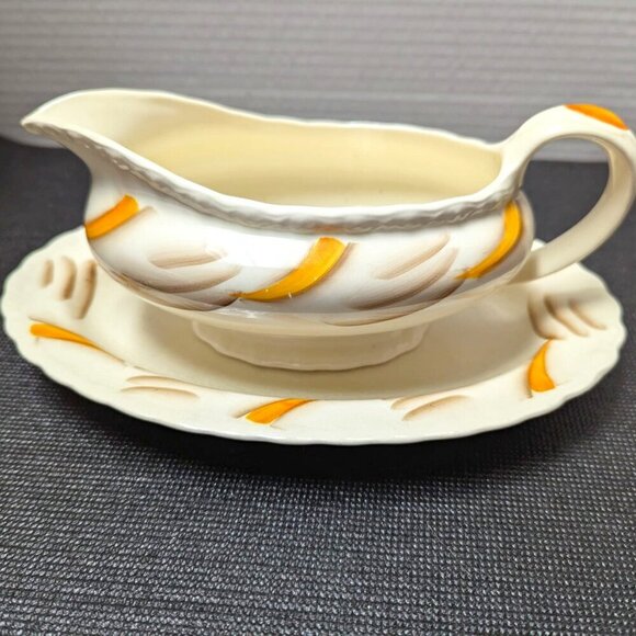 Vintage Myott Son and Co Hand Painted Porcelain Gravy Boat with Under Plate - Picture 1 of 6